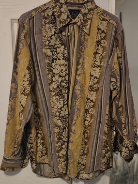 Men's Lightweight Floral-Stripe Shirt Jacket in Yellow & Brown